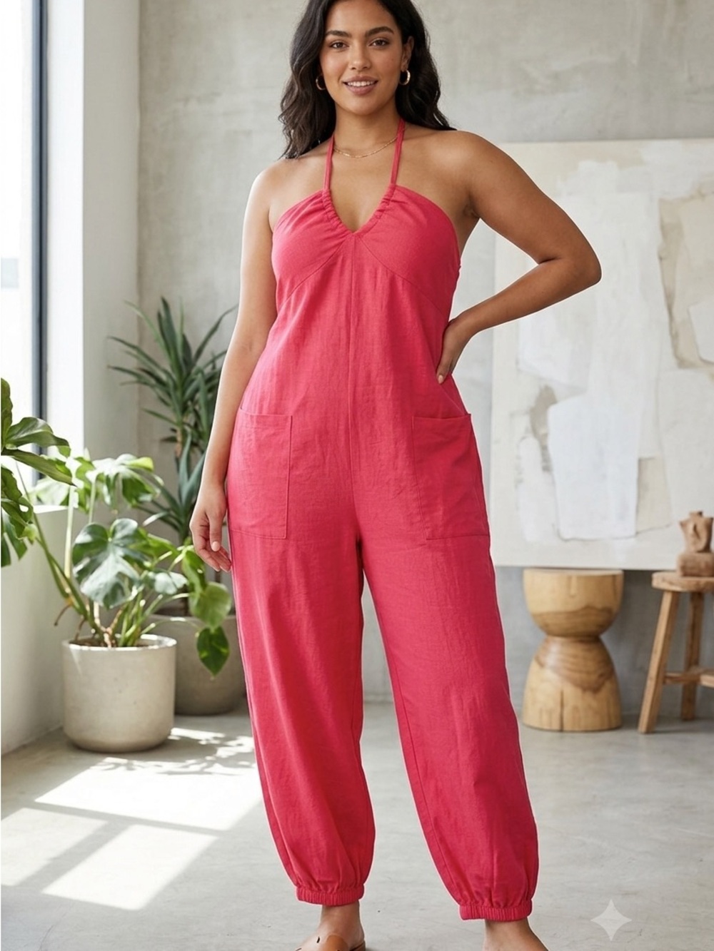Tie Neck Romper in Vibrant Rose Red